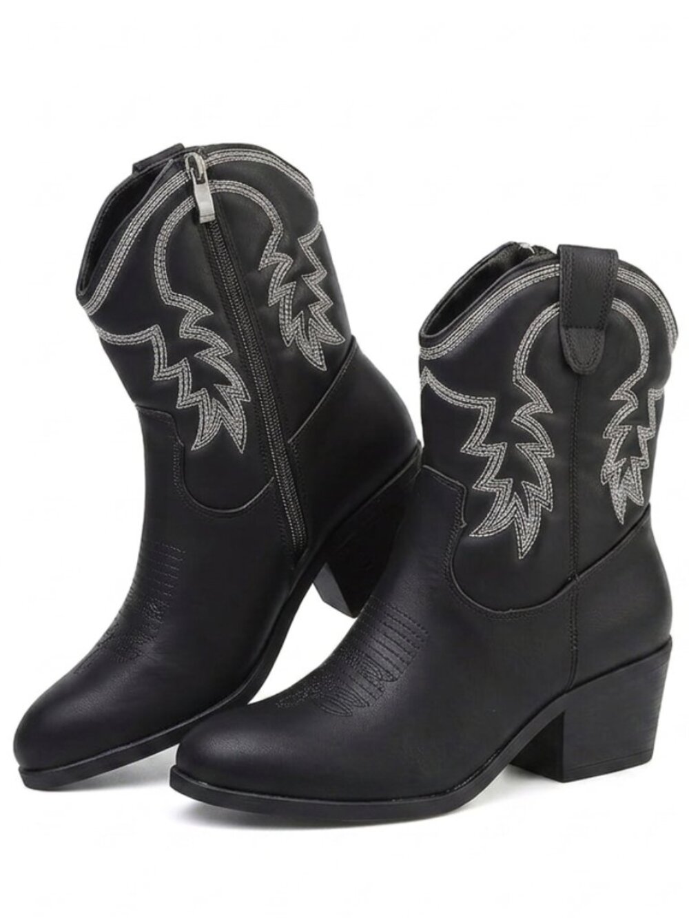 Women's Black Pu Leather Cowgirl Boots Womens Fashion Tall Boots for Ladies